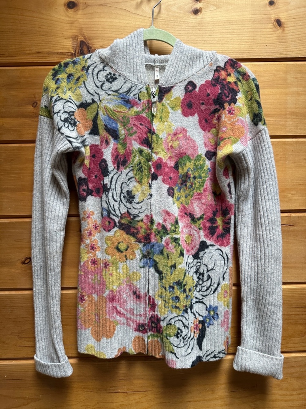 Anthropologie MOTH 100% wool floral hooded sweater zipper Medium M